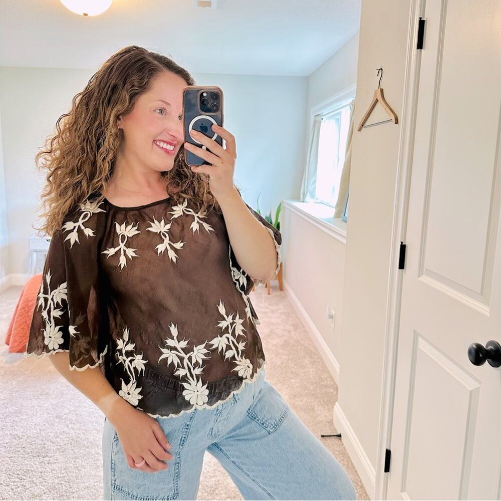 Vintage Handmade Brown White Floral Embroidered Blouse Top Large